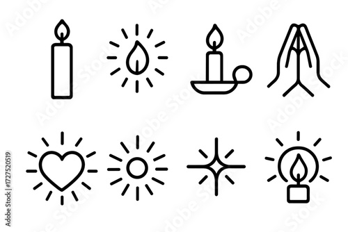Candle Blessing Icons. Candle Blessing icons in outline style: tall candle, flame with rays, candle in holder, folded hands, heart glow, radiant