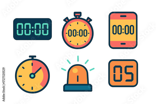 Colorful Countdown Icons. Digital Countdown icons in modern flat : LED clock, stopwatch, countdown app, ticking seconds, circular timer, flashing