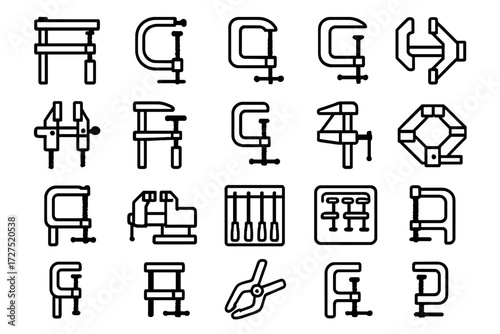 Industrial Clamps Icons. Industrial Clamps Icons icons in outline style: large bar clamp, pipe clamp, heavy-duty C-clamp, toggle clamp, hand screw