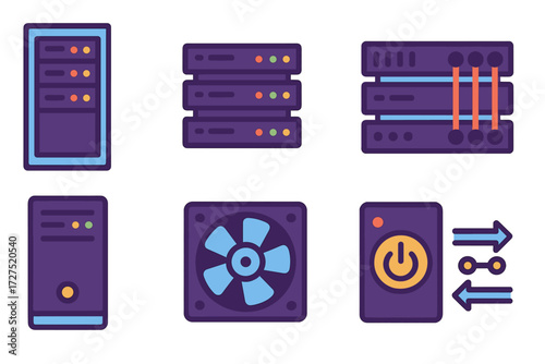 Colorful Server Icons. Server Rack icons in modern flat : tall rack, stacked equipment, blinking lights, cable panel, server tower, fan vent, power