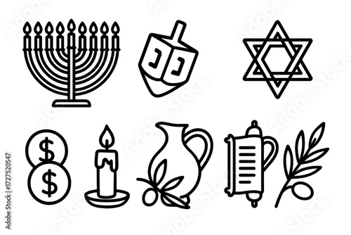 Hanukkah Symbols Icons. Hanukkah Symbols icons in outline style: menorah with candles, dreidel spinning, Star of David, oil jug, gelt coins, festive