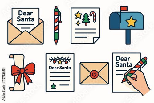 Festive Santa Correspondence. Letter to Santa icons in modern flat : open envelope with note, pen with holiday trim, paper with doodles, mailbox with