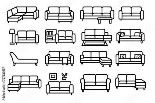 Living Room Sofa Icons. Living Room Sofa Icons icons in outline style: corner sofa, sectional with ottoman, couch with pillows, sofa with coffee