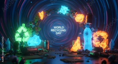 A futuristic digital landscape celebrating World Recycling Day with glowing neon recycling symbols and discarded waste illuminated in a vibrant vortex