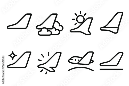 Aircraft Wing Icons. Aircraft Wing icons in outline style: wing silhouette, clouds below, wing with sunlight, wingtip detail, star sparkle, radiant