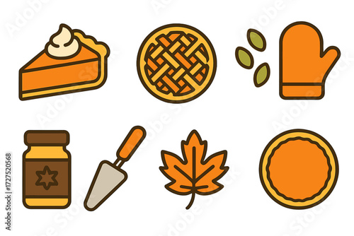 Pumpkin Pie Icons. Pumpkin Pie icons in modern flat : pie slice with cream, lattice pie top, pumpkin seeds, spice jar, baking oven mitt, pie server,