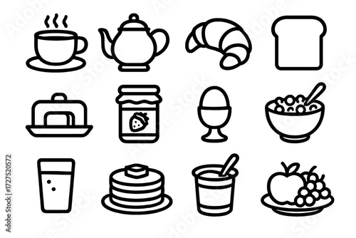 Breakfast Icons Outline. Breakfast Spread icons in outline style: coffee cup, teapot, croissant, toast, butter dish, jam jar, egg cup, cereal bowl,