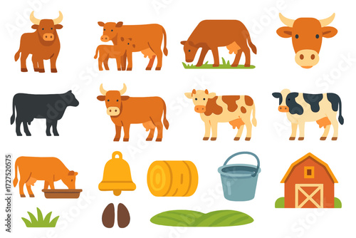 Vibrant Cattle Icons. Cattle Icons icons in modern flat : standing bull, cow with calf, grazing cattle, cow head, cow silhouette, horned cow, spotted