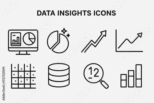 Data Insights Icons. Data Insights icons in outline style: dashboard monitor glowing, pie chart with highlights, rising arrow with spark, line chart