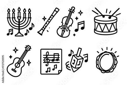 Hanukkah Musical Icons. Hanukkah Music icons in outline style: menorah glowing with notes, clarinet with spark, violin with stars, drum with rhythm
