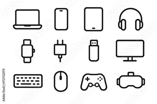 Tech Gadget Icons. Tech Packages icons in outline style: laptop, smartphone, tablet, headphones, smartwatch, charger, USB drive, monitor, keyboard,