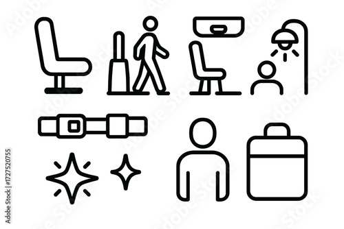 Aisle Seat Icons. Aisle Seat icons in outline style: airplane seat, walking aisle, luggage overhead, seatbelt icon, reading light, passenger figure,