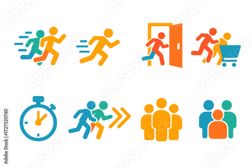 Shopping Frenzy Icons. Crowd Rush icons in modern flat : rushing crowd, sprinting icon, gate opening, shopping frenzy, timer symbol, group movement,