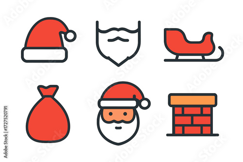 Minimal Santa Icons. Minimal Santa Claus icons in modern flat : simple Santa hat, outlined beard icon, clean sleigh silhouette, plain gift sack,