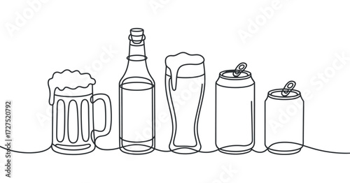 Continuous Line Drawing Beer Mugs Bottle and Cans for Oktoberfest Celebration
