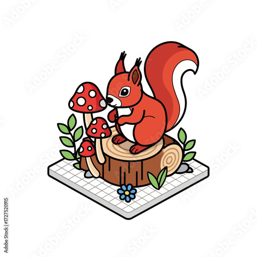 A cute cartoon red squirrel sitting on a tree stump surrounded by mushrooms and foliage.