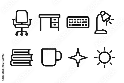 Home Office Icons. Home Office icons in outline style: office chair, work desk, keyboard, lamp glow, book stack, mug, shining star, radiant outline,