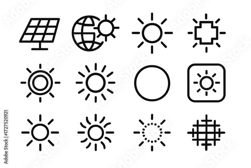 Modern Sun Icon Set. Modern Sun icons in outline style: solar panel, globe with sun, abstract sun icon, pixel sun, neon sun, circle with rays,