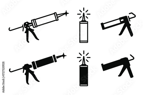 Caulking Gun Icons. Caulking Gun icons in outline style: tube-loaded caulking gun, hand grip tool, sealant cartridge, construction gun, caulking tool