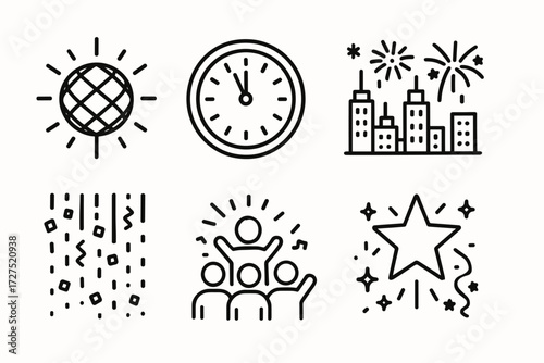 New Year's Celebration. Ball Drop icons in outline style: glowing New Year orb, clock face striking twelve, fireworks in sky, city backdrop, raining