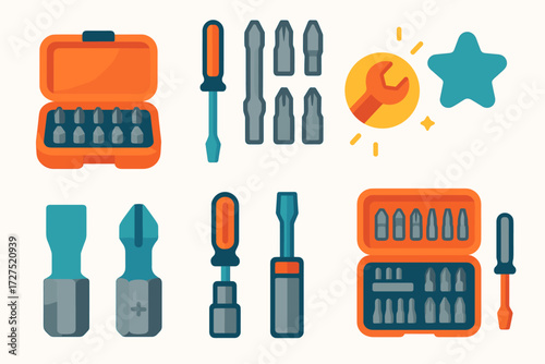 Bit Set Icons Collection. Bit Set icons in modern flat : open bit case, screwdriver with changeable tips, glowing tool icon, star-shaped bit, flat