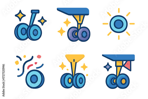 Festive Landing Icons. Festive Landing Gear icons in modern flat : sparkling airplane wheels, celebratory gear extension, radiant wheel icon,