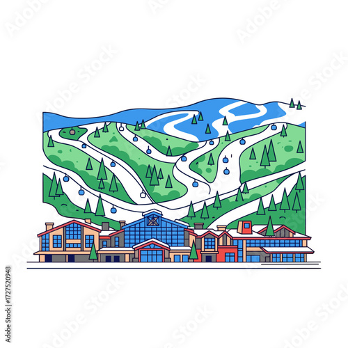 Vibrant Flat Design Ski Resort Illustration Featuring Buildings Snowy Slopes and Ski Lifts.
