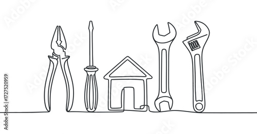 One Continuous Line Drawing of Pliers Screwdriver House Wrench Tools Set
