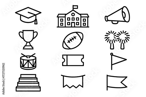 Homecoming Icons Collection. School Homecoming icons in outline style: graduation cap, school building, megaphone, trophy, football, cheer pom-poms,