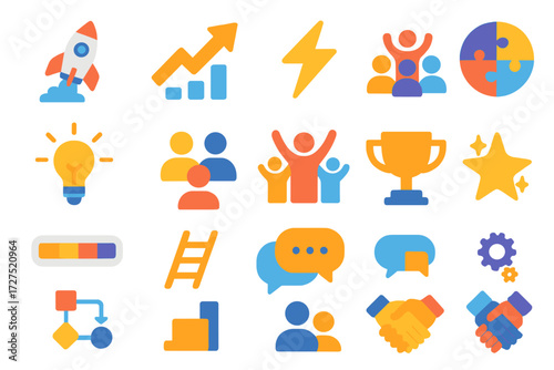 Dynamic Crew Icons. Dynamic Crew Icons icons in modern flat : rocket launch, rising arrow, lightning bolt, puzzle circle, idea spark, group avatars,