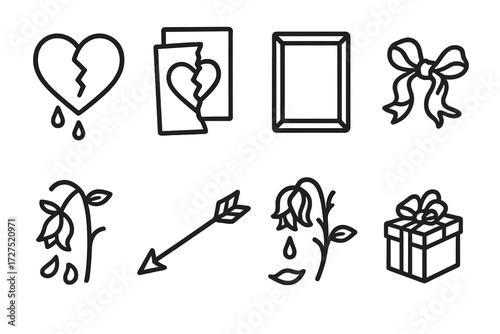 Anti-Valentine's Icons. Anti-Valentine’s icons in outline style: bleeding heart, ripped card, empty frame, crumpled ribbon, wilted petals, broken