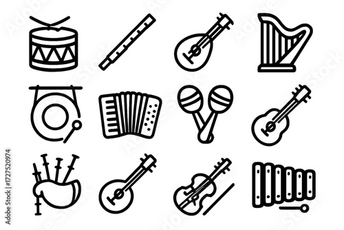 Folk Instrument Icons. Folk Instruments icons in outline style: drum, flute, lute, harp, gong, accordion, maracas, tambourine, bagpipes, sitar,