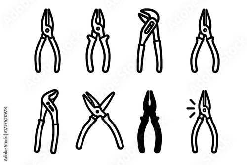 Pliers Silhouette Icons. Pliers Grip icons in outline style: needle-nose pliers, cutting pliers, adjustable pliers, slip-joint pliers, gripping tool,