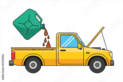 Vector art of yellow pickup truck being refueled with a green gas can, this scene depicts car maintenance, fuel, and the essential need for vehicle upkeep