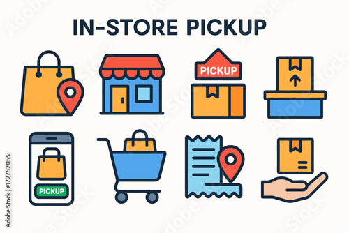 Shopping and delivery flat icon set. featuring pick-up, store, package, receipt, location, and hand symbols