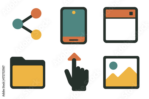 Mobile Icons. Mobile UI set of icons in abstract flat : share icon, smartphone, app window, swipe gesture, folder, gallery