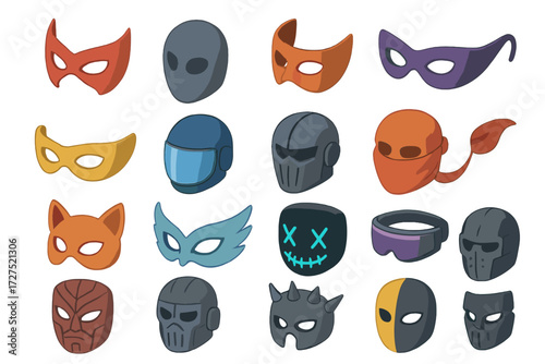 Modern Mask Icons. Mask designs set icons in modern isometric flat : classic superhero mask, full-face mask, half-mask, domino mask, eye mask, helmet