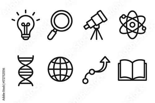 Discovery Icon Collection. Discovery symbols icons in outline style: eureka moment, magnifying glass, telescope, atom, DNA strand, globe, path arrow,