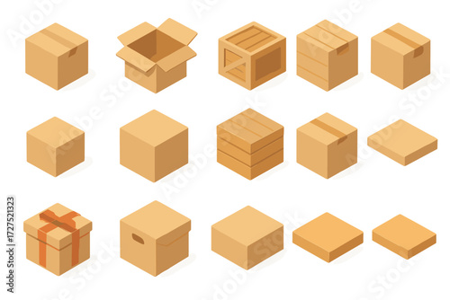 Box Icon Set. Box basics set icons in modern isometric flat : closed box, open box, cardboard box, crate box, small box, large box, wooden box,