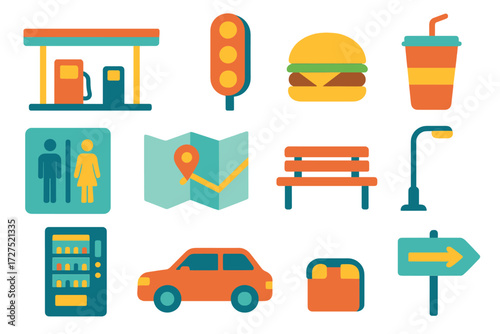 Vibrant Highway Icons. Highway pit stop in modern flat vector : gas station, diner sign, burger, fries, soda cup, restroom sign, map, bench,