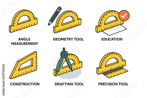 Isometric Protractor Icons. Concepts set icons in modern isometric flat : angle measurement protractor, geometry tool protractor, education protractor