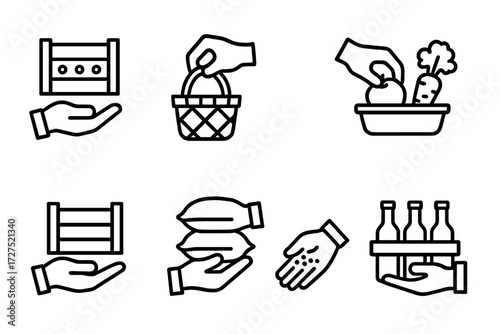 Gesture Icons Collection. Gestures icons in outline style: hand lifting crate, hand carrying basket, hand placing fruit inside, hand unloading