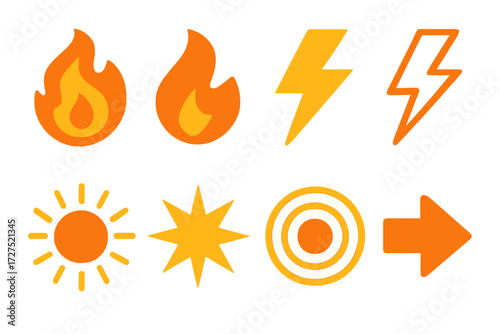 Energy Icons. Energy symbols set of icons in abstract flat : inner fire, flame, lightning bolt, zap mark, sun, starburst, shockwave, fast arrow.
