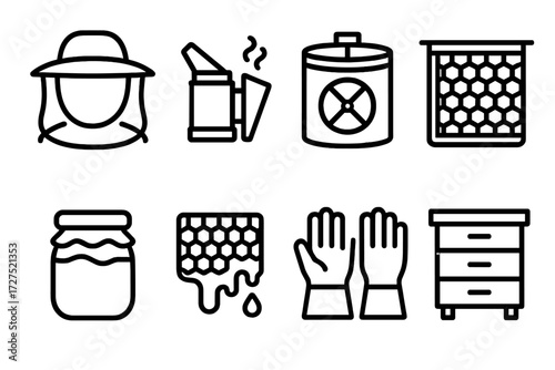 Beehive Tools Icons. Honey harvest visuals icons in outline style: beekeeper hat, smoker tool, honey extractor, hive frame, jar with honey, dripping