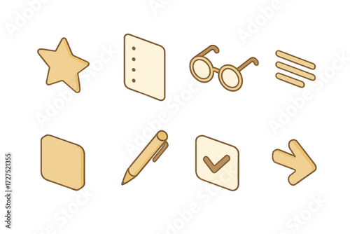 Minimalist Icon Set. Minimalist critic symbols set icons in modern isometric flat : plain star, dotted paper, circle glasses, stripe icon, neutral