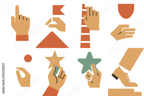 Abstract Hand Gestures. Gestures set of icons in abstract flat : hand pointing upward, hand placing flag, hand climbing ladder, hand holding trophy,
