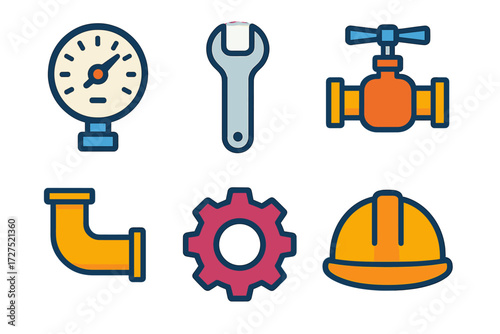 Vibrant Industrial Icons. Industrial tools in modern flat vector : pressure gauge, wrench, valve, pipe, gear, safety helmet