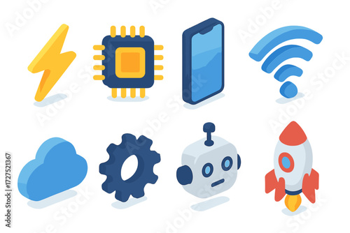 Modern Tech Icons. Tech power set icons in modern isometric flat : zap mark, computer chip, smartphone, wifi signal, cloud, gear, robot head, rocket.