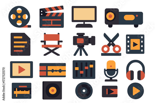 Film and Audio Icons. Film and audio set of icons in abstract flat : film reel, clapperboard, cinema screen, projector, script page, director chair,