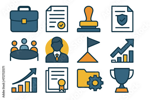 Business Icons. Business association mark set of icons in abstract flat : briefcase, contract paper, approval stamp, policy document, meeting table,